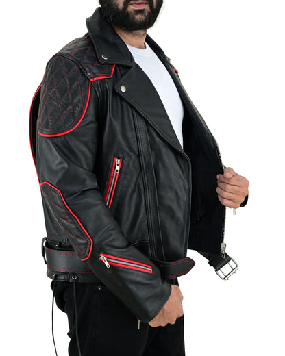 Men’s Brando Cowhide Leather Biker Jacket with Quilted Panels & Red Accents