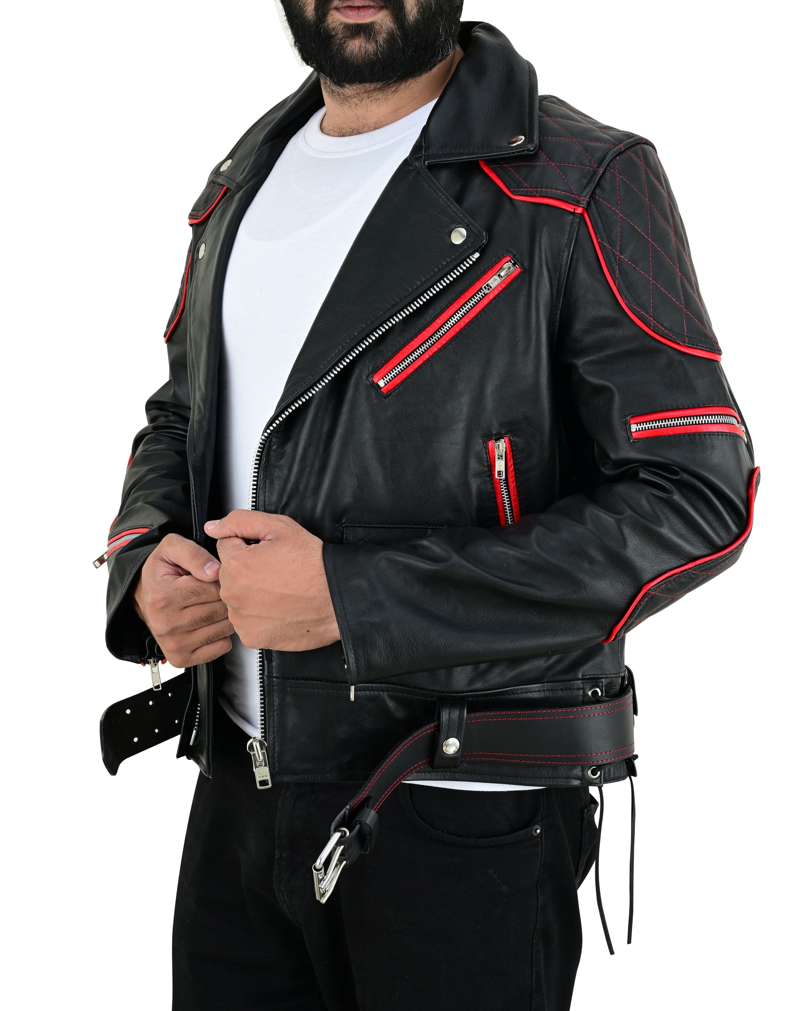 Men’s Brando Cowhide Leather Biker Jacket with Quilted Panels & Red Accents