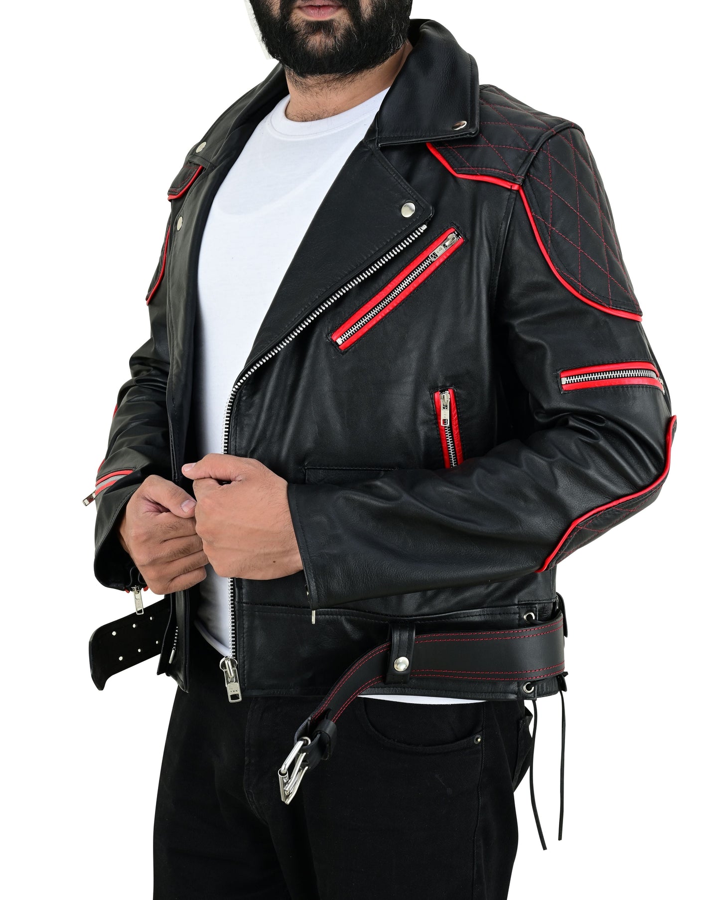 Men’s Brando Cowhide Leather Biker Jacket with Quilted Panels & Red Accents