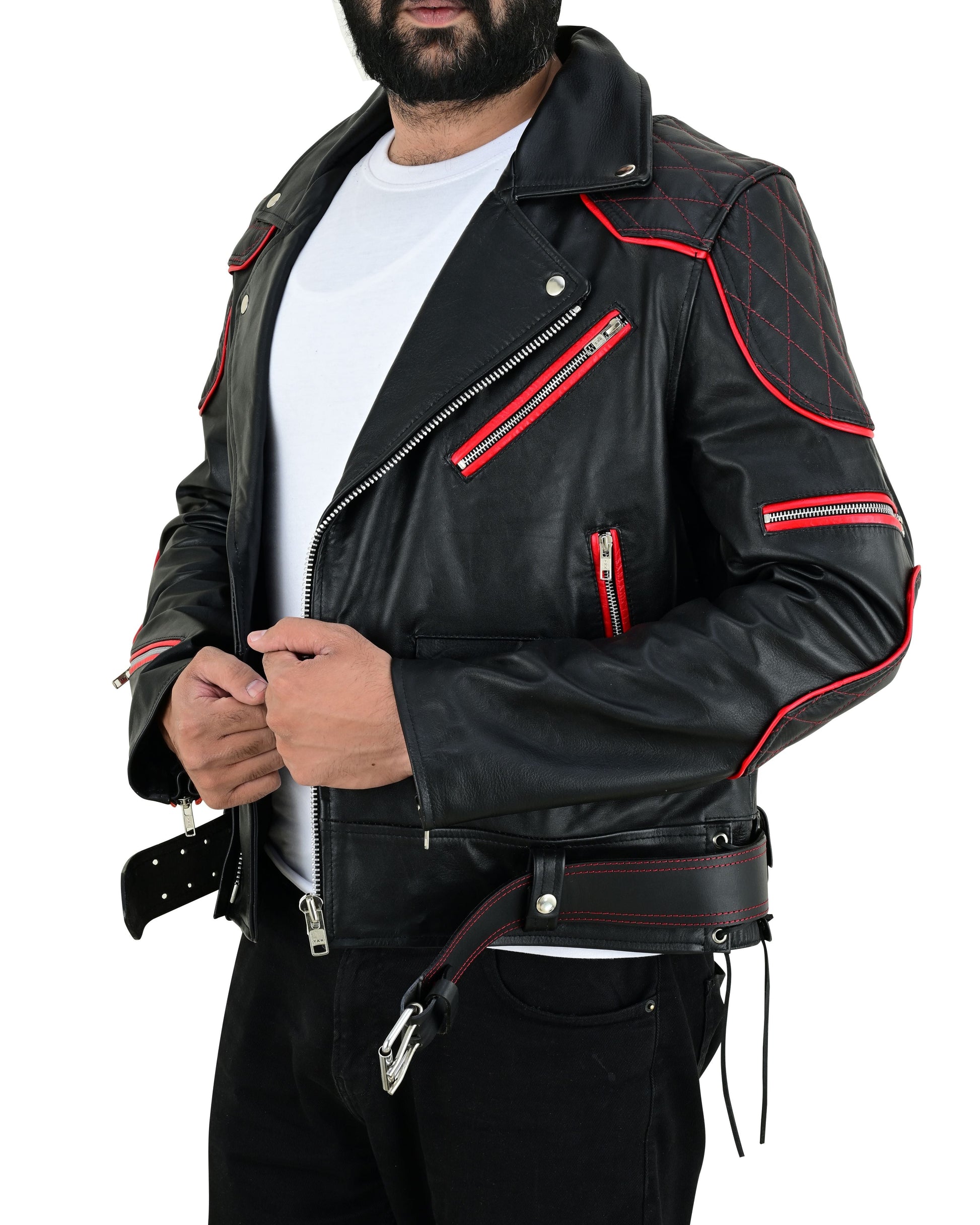 Men’s Brando Cowhide Leather Biker Jacket with Quilted Panels & Red Accents
