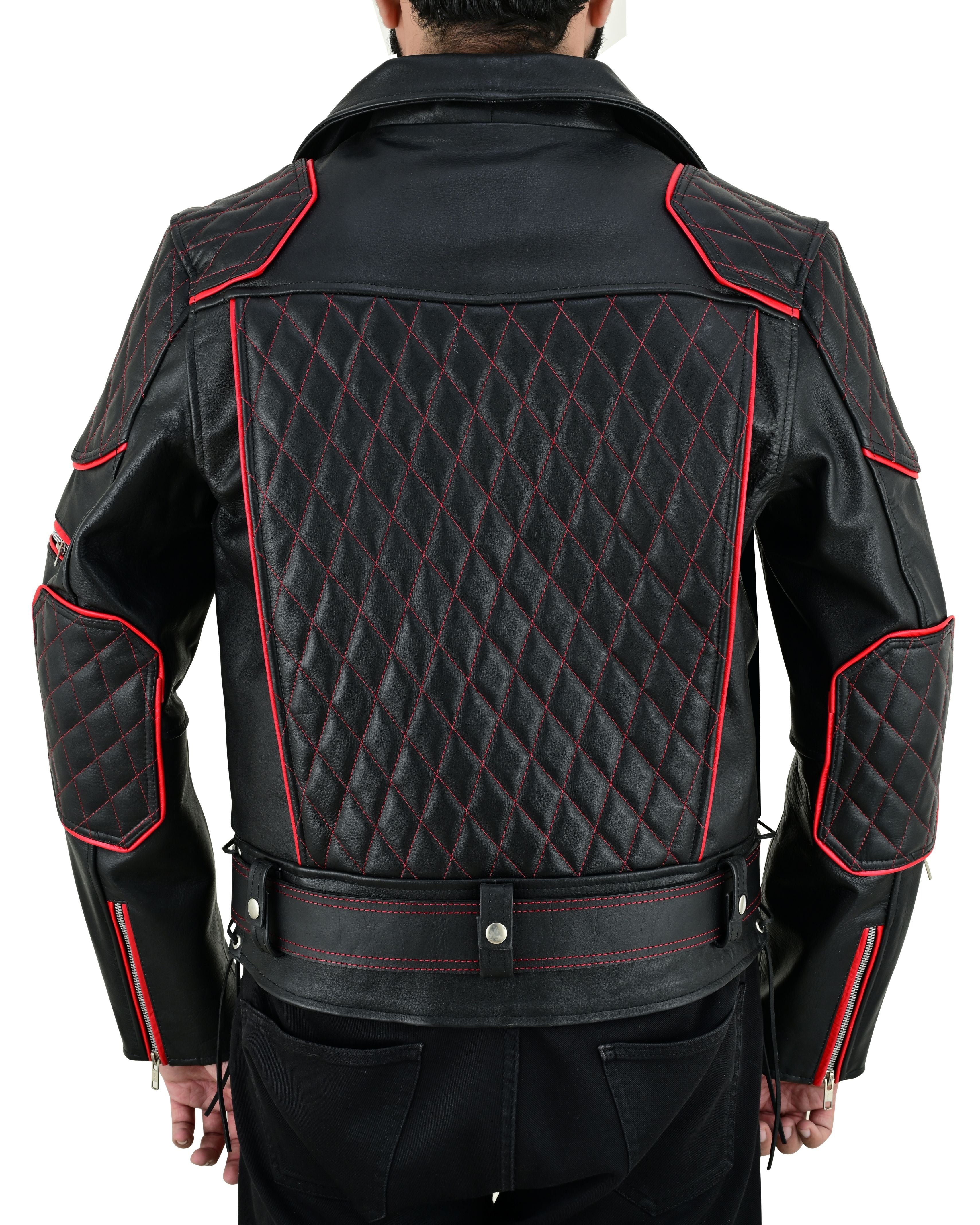 Men’s Brando Cowhide Leather Biker Jacket with Quilted Panels & Red Accents