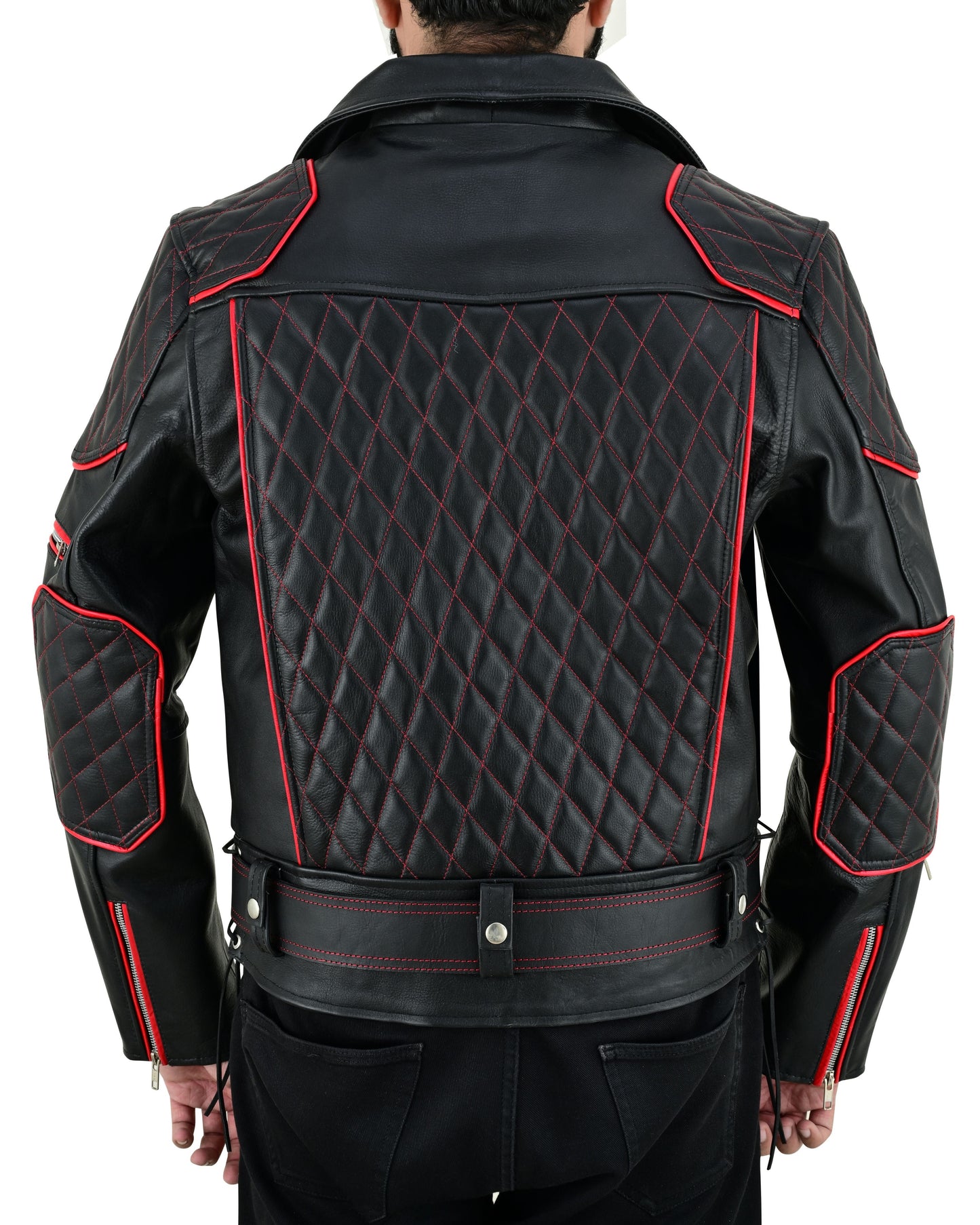 Men’s Brando Cowhide Leather Biker Jacket with Quilted Panels & Red Accents