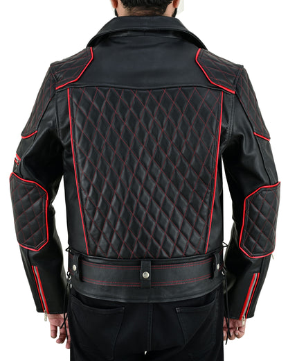 Men’s Brando Cowhide Leather Biker Jacket with Quilted Panels & Red Accents