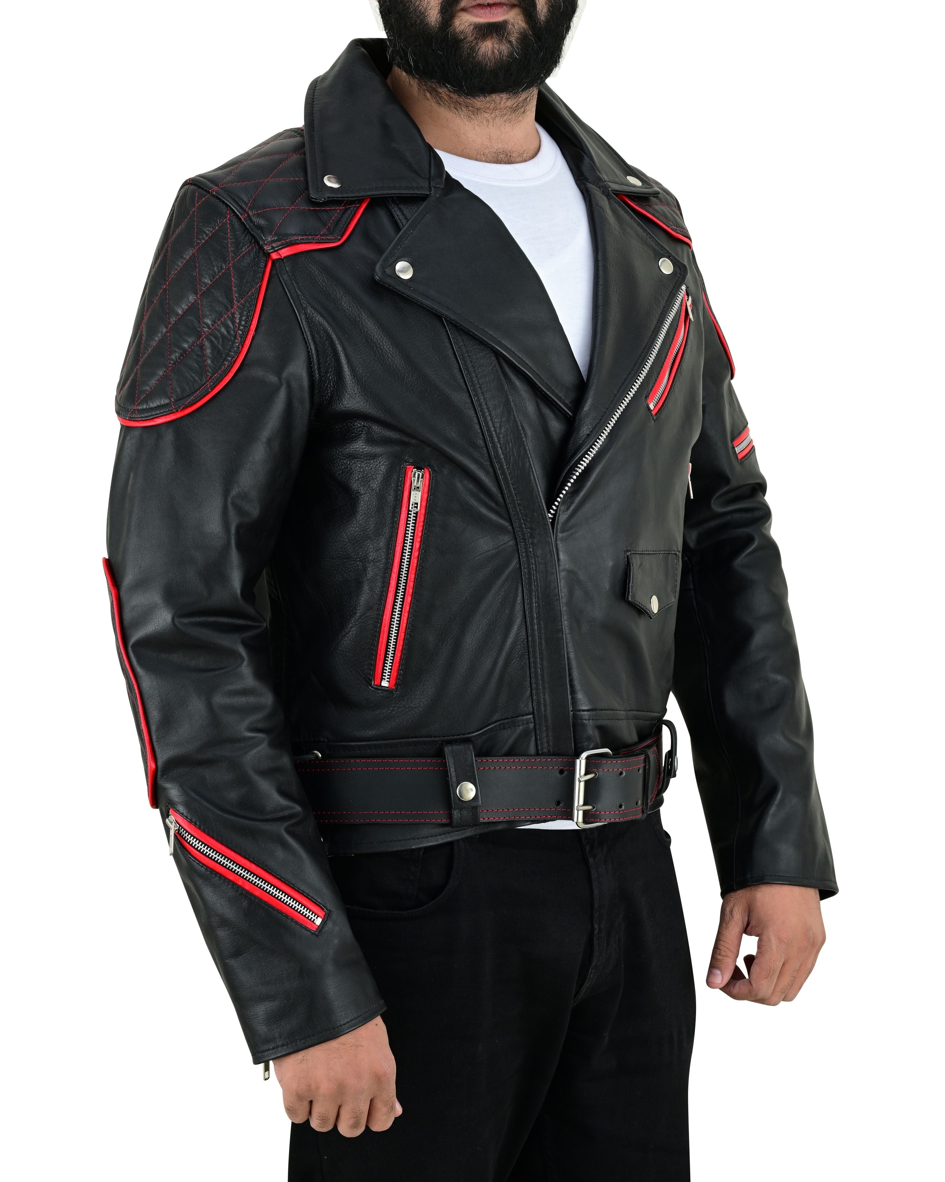 Men’s Brando Cowhide Leather Biker Jacket with Quilted Panels & Red Accents