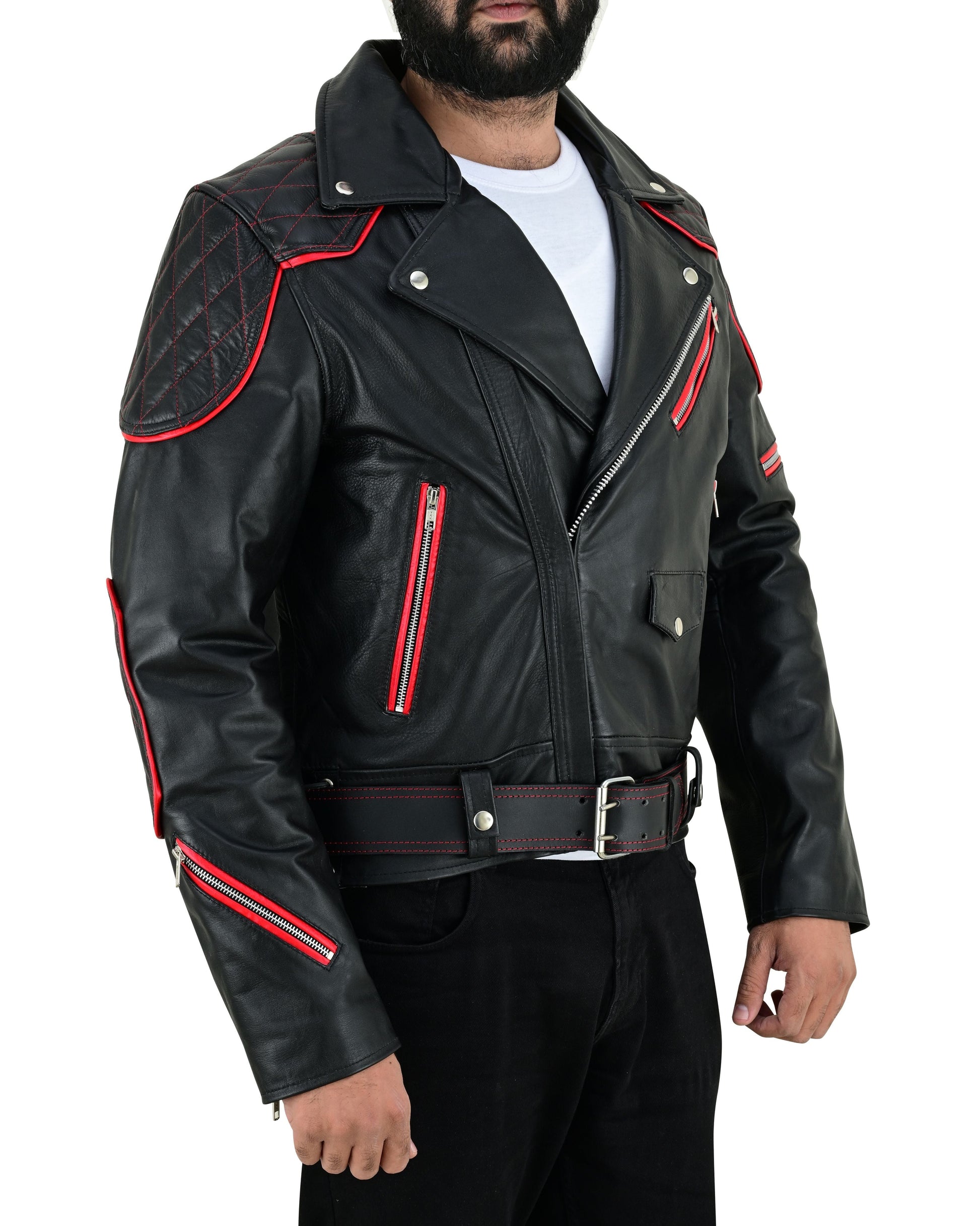 Men’s Brando Cowhide Leather Biker Jacket with Quilted Panels & Red Accents