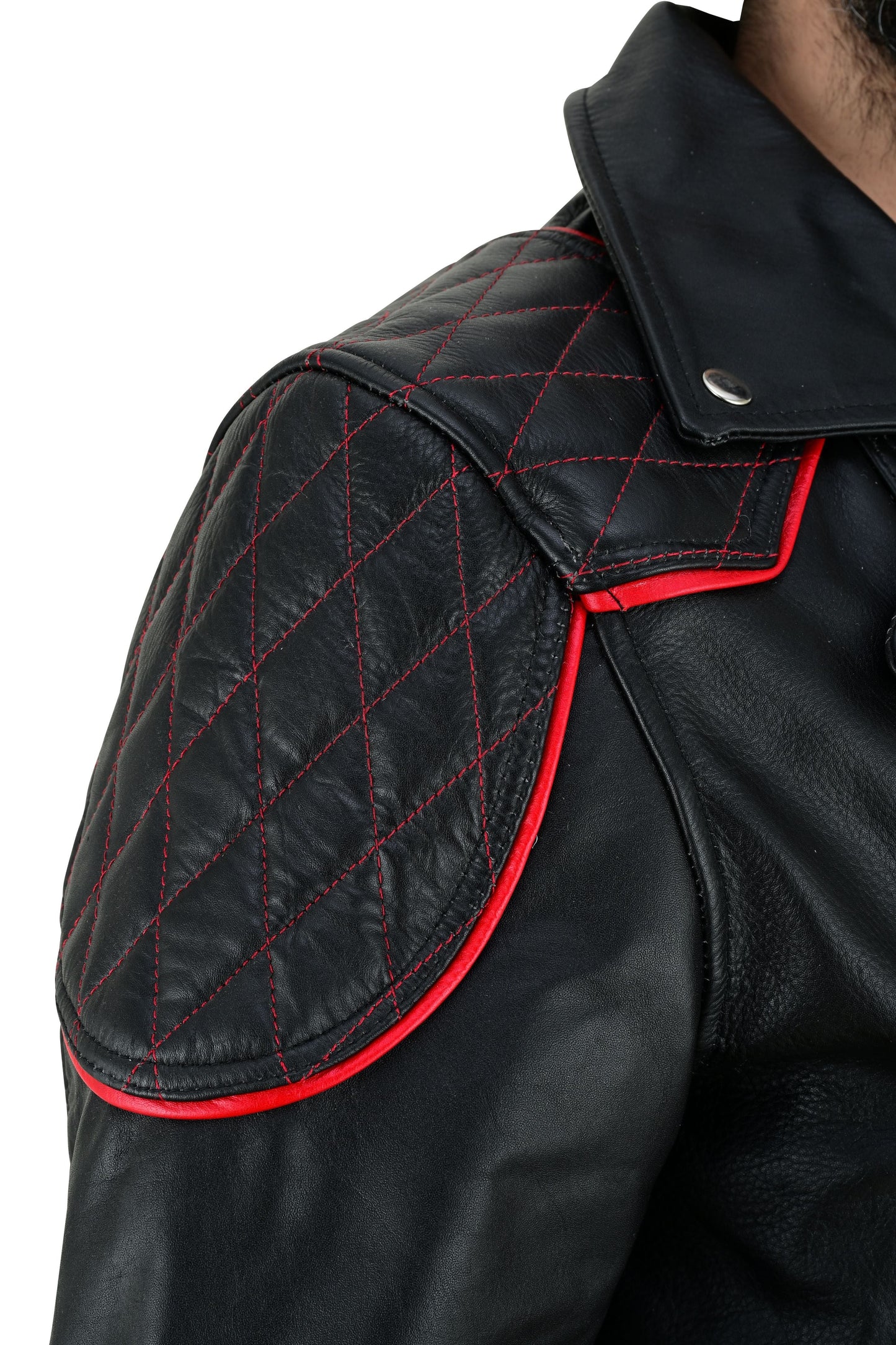 Men’s Brando Cowhide Leather Biker Jacket with Quilted Panels & Red Accents