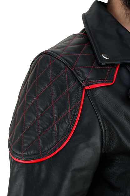 Men’s Brando Cowhide Leather Biker Jacket with Quilted Panels & Red Accents