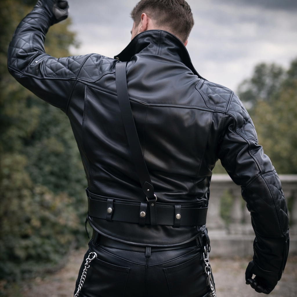 Men’s Brando Leather Biker Jacket with Quilted Panels & Side Laces