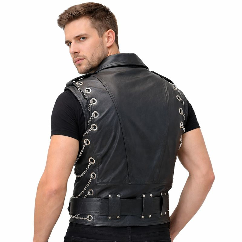 Men's Real Cowhide Leather Biker Brando Vest with Chains