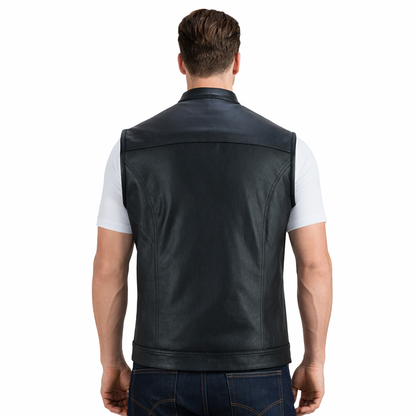 Men’s Cowhide Leather Biker Vest – Extendable Chest, Double Zips Front
