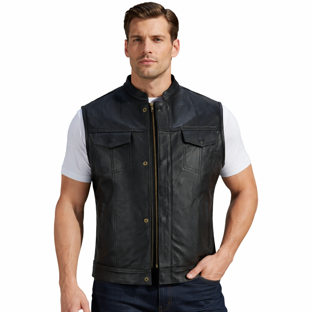 Men’s Cowhide Leather Biker Vest – Extendable Chest, Double Zips Front