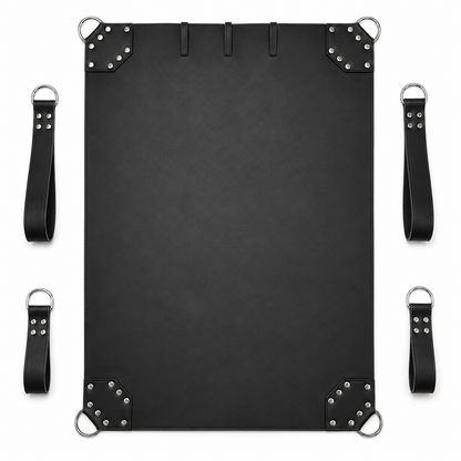 "Back view of black faux-leather bondage swing showing reverse stitching and reinforced corner panels"