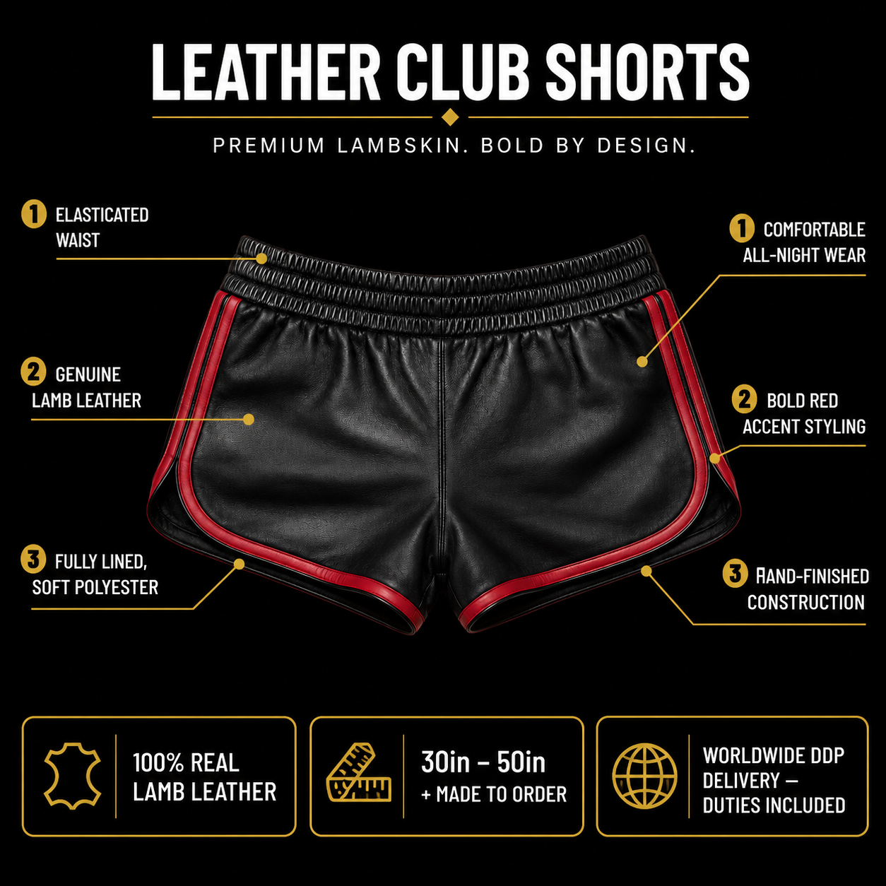 Men’s Black Lamb Leather Gym Shorts with Red Stripes