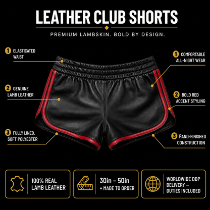 Men’s Black Lamb Leather Gym Shorts with Red Stripes