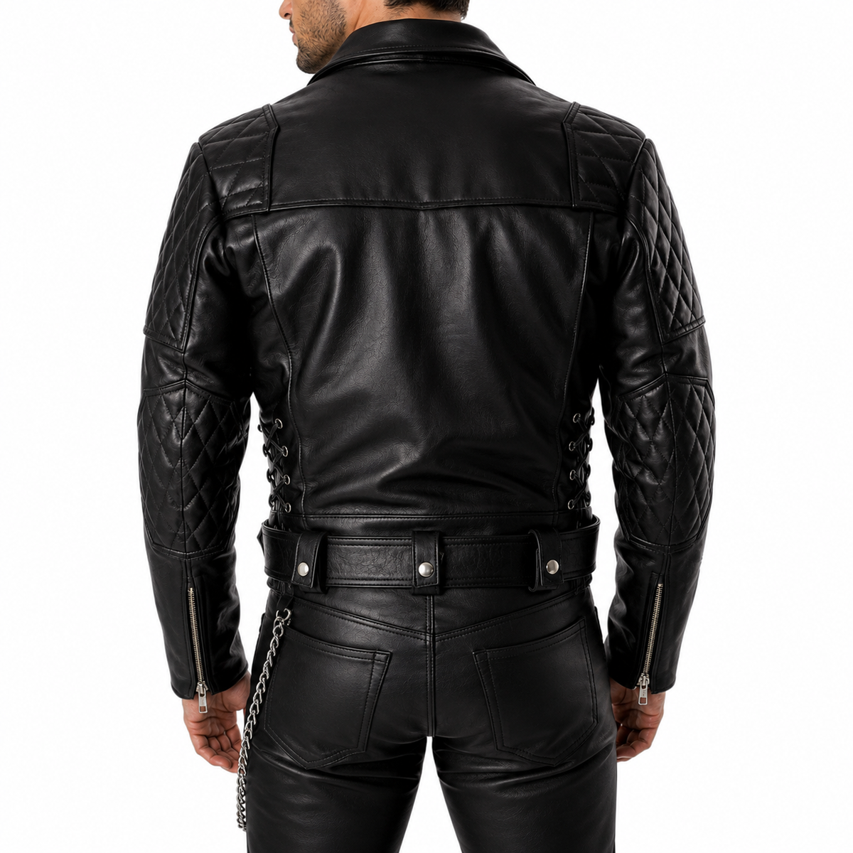 "Back view of black leather motorcycle jacket showing quilted shoulder panels and belt"