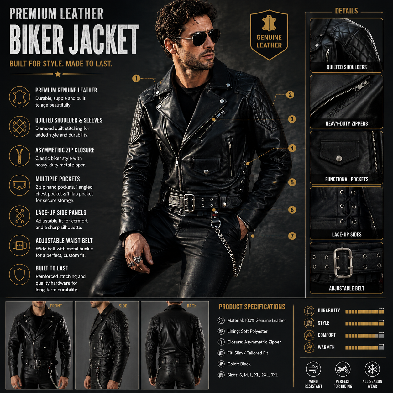 "Infographic highlighting features of black leather biker jacket: quilted panels, zip pockets, belt, lacing"