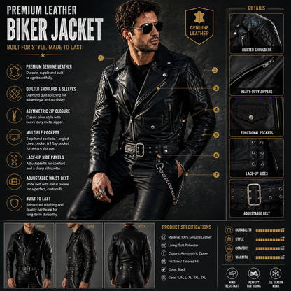"Infographic highlighting features of black leather biker jacket: quilted panels, zip pockets, belt, lacing"