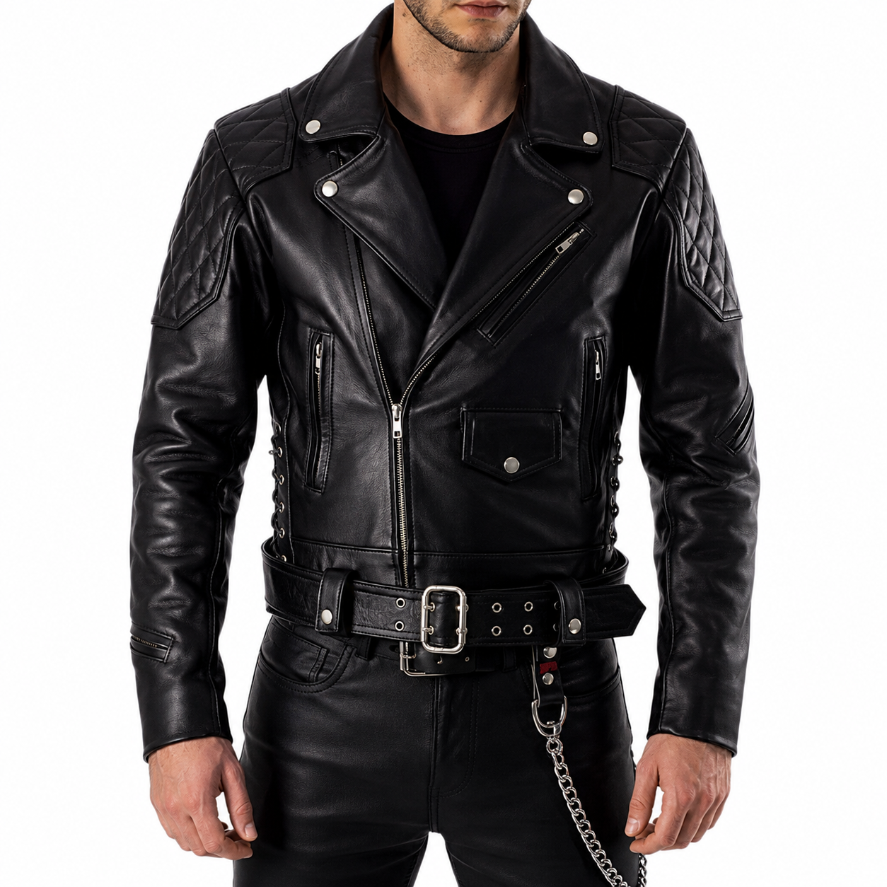"Man wearing black quilted leather biker jacket, front view, main product image"