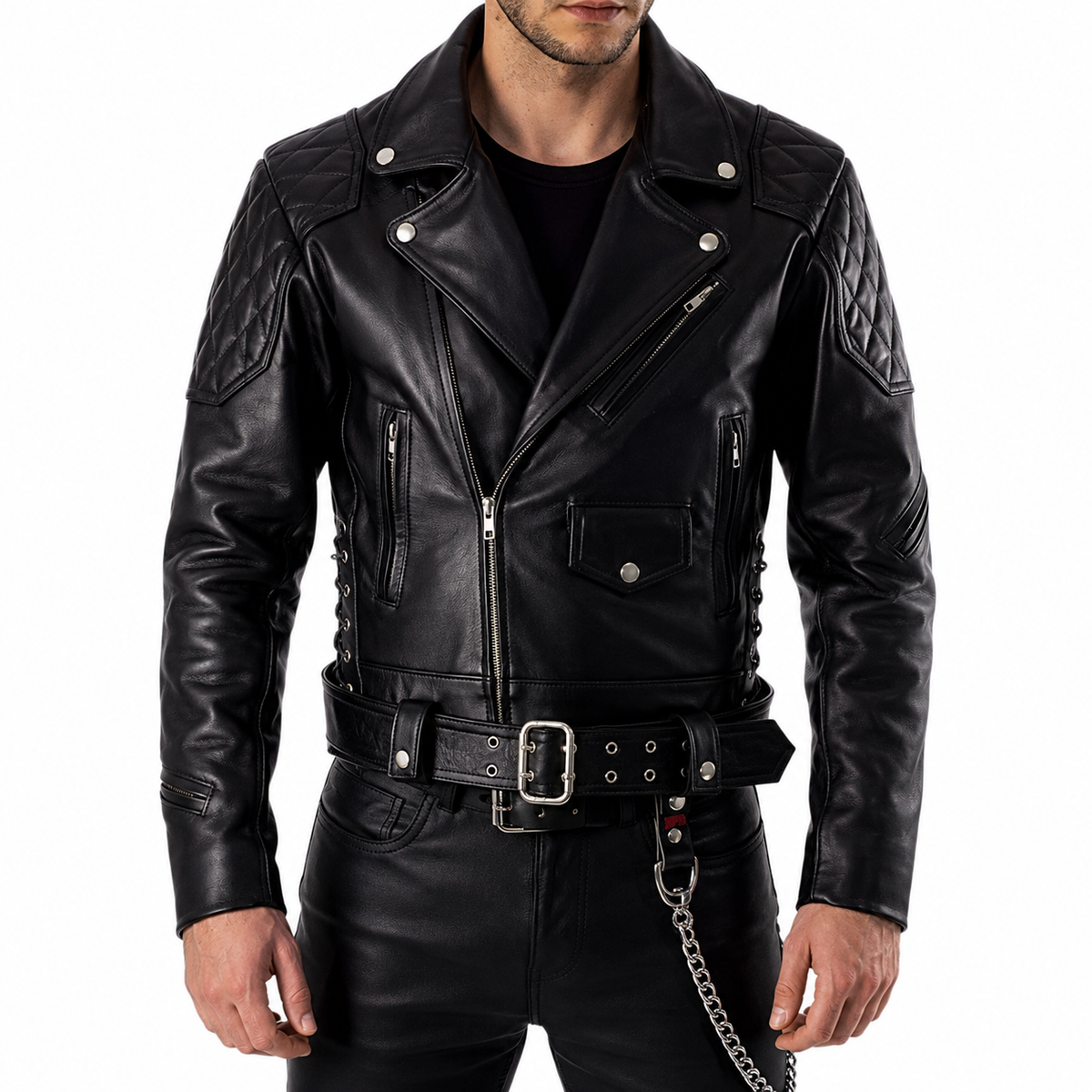 "Man wearing black quilted leather biker jacket, front view, main product image"