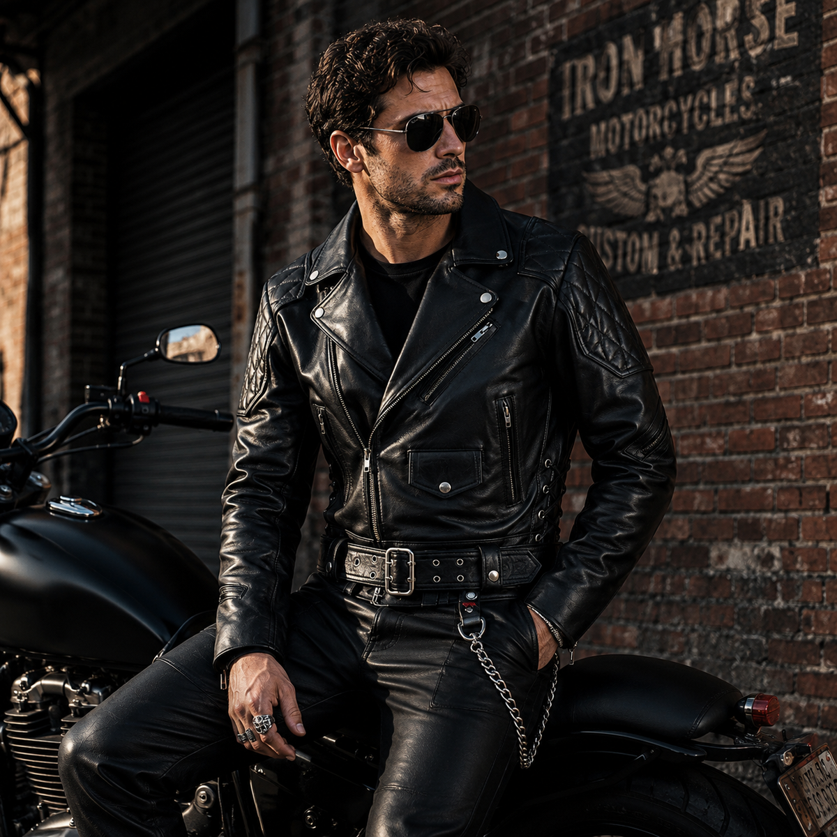 "Man wearing black leather biker jacket leaning on motorcycle in urban garage"