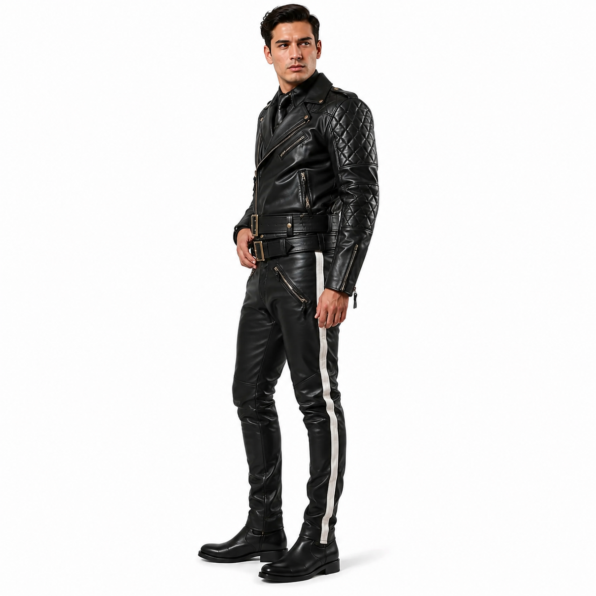 Side profile of black leather biker jacket and pants set showing belt layering
