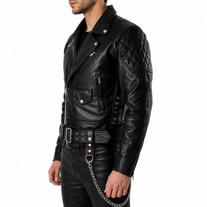 "Close-up of side lace-up detailing and zip pocket on black leather biker jacket"