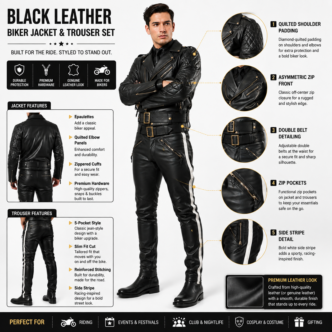 Infographic showing features of black leather biker jacket and trouser set