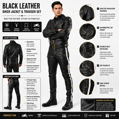 Infographic showing features of black leather biker jacket and trouser set