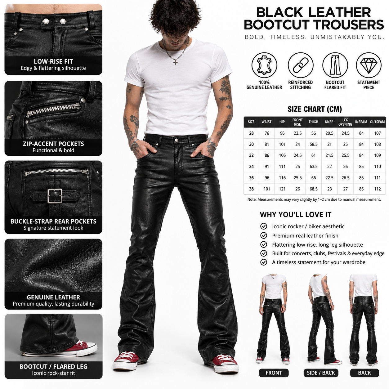 Infographic showing key features of black leather bootcut pants including buckle strap and zip pockets