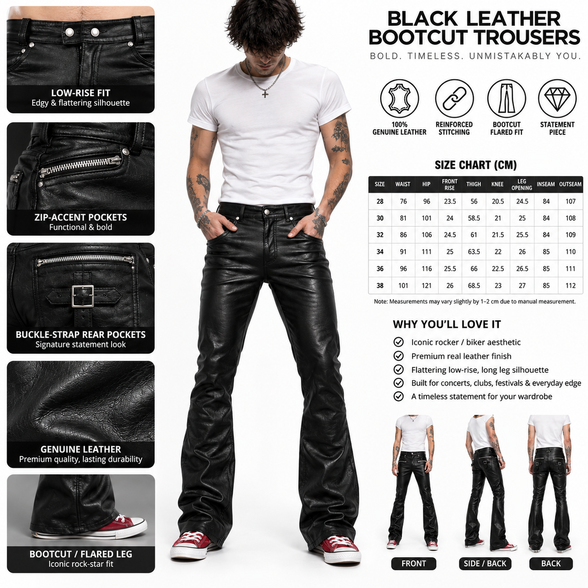 Infographic showing key features of black leather bootcut pants including buckle strap and zip pockets
