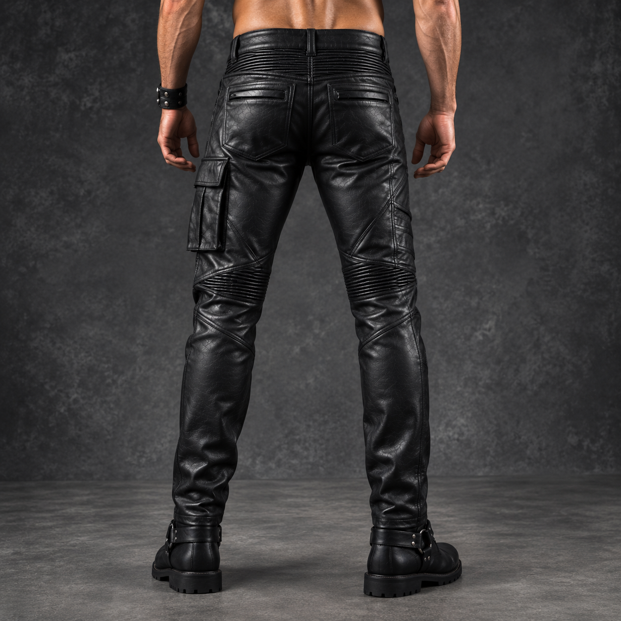 : Back view of black leather cargo moto pants showing quilted panel and stitching detail