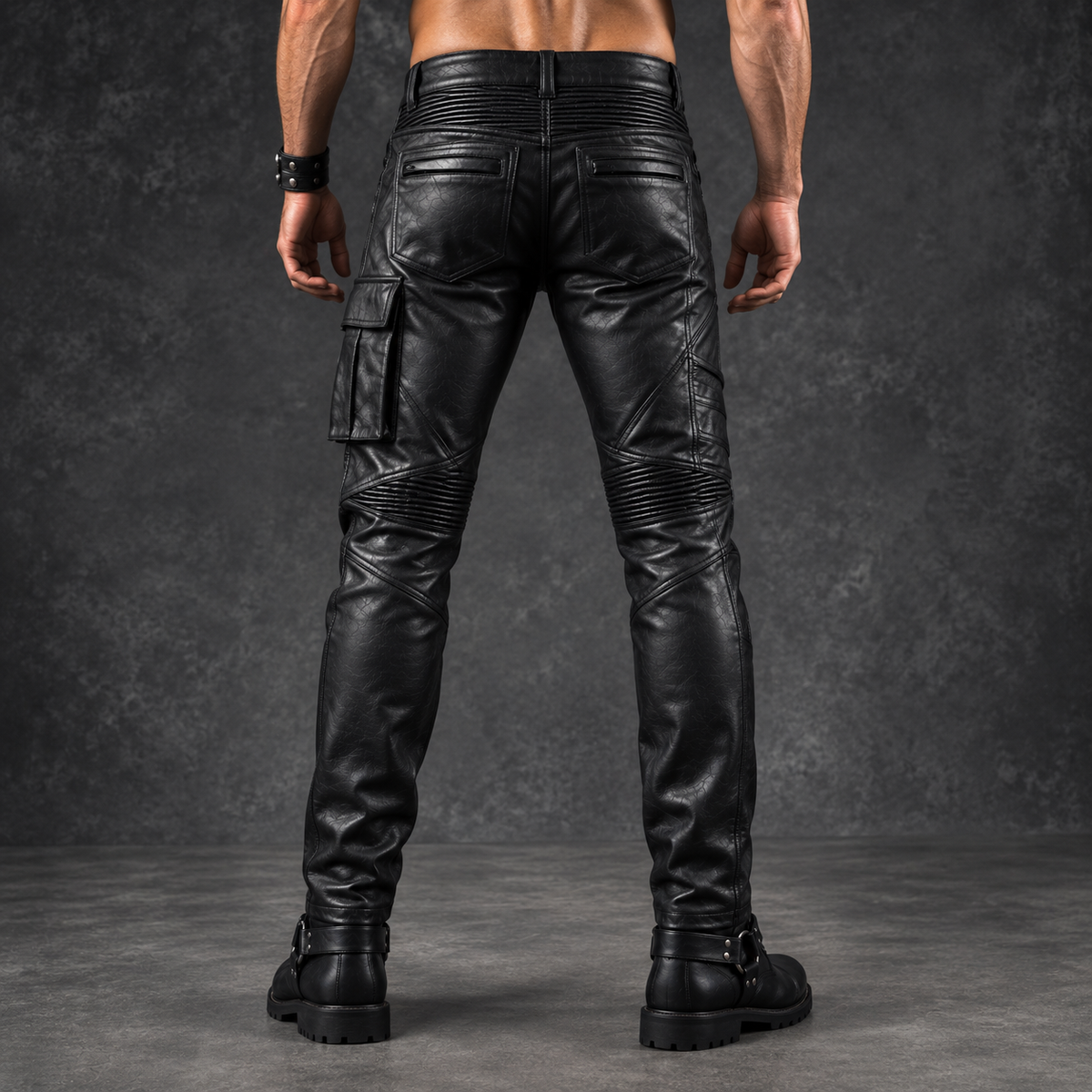 : Back view of black leather cargo moto pants showing quilted panel and stitching detail