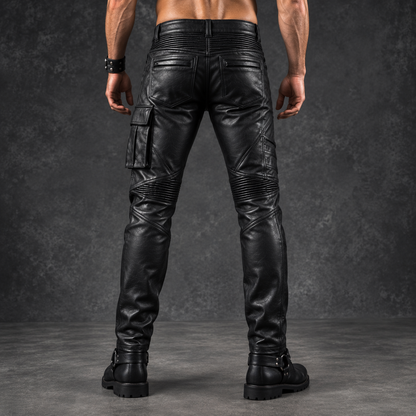 : Back view of black leather cargo moto pants showing quilted panel and stitching detail