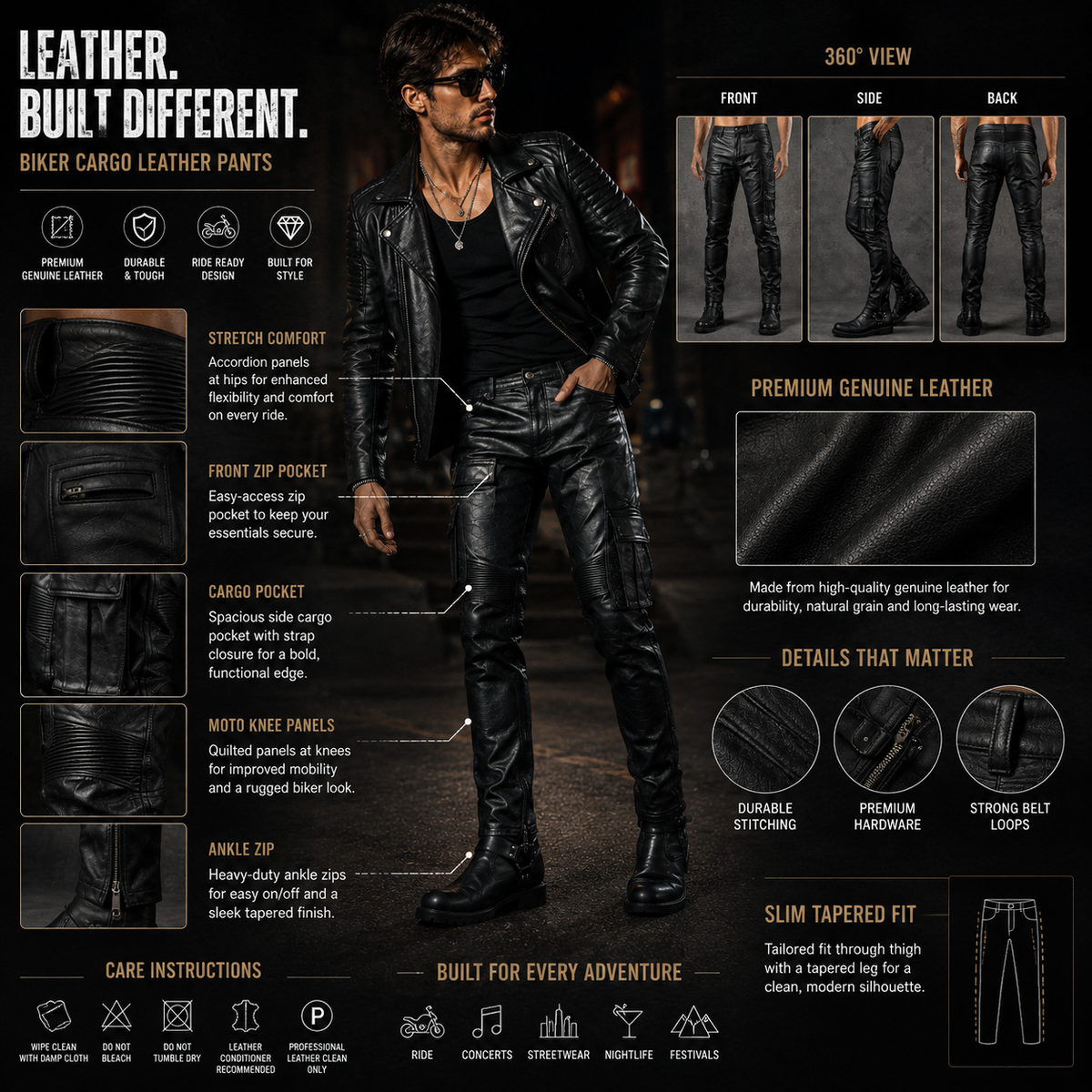 Infographic showing features of black leather cargo pants including quilted panels and pockets