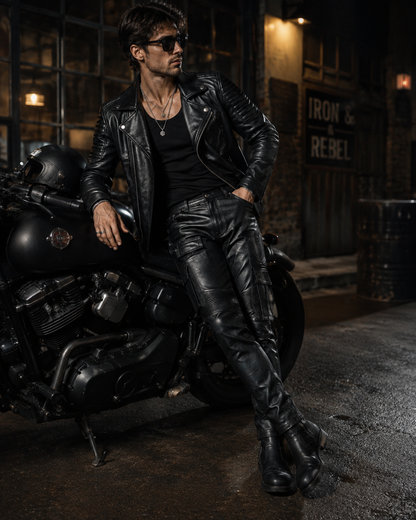 Man leaning on motorcycle wearing black leather cargo pants in industrial garage setting