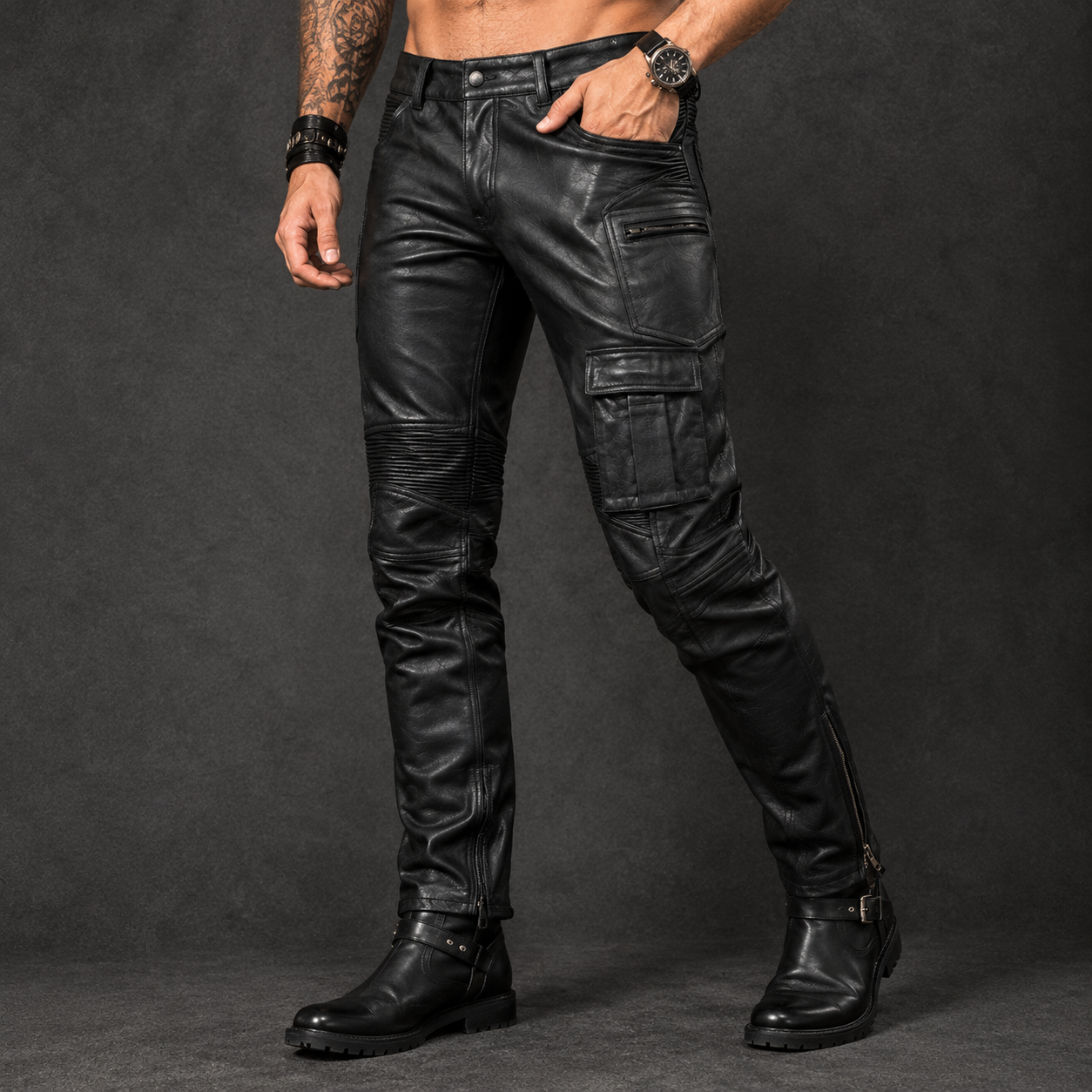 Black leather cargo moto pants with quilted panels and side pocket, flat lay product shot