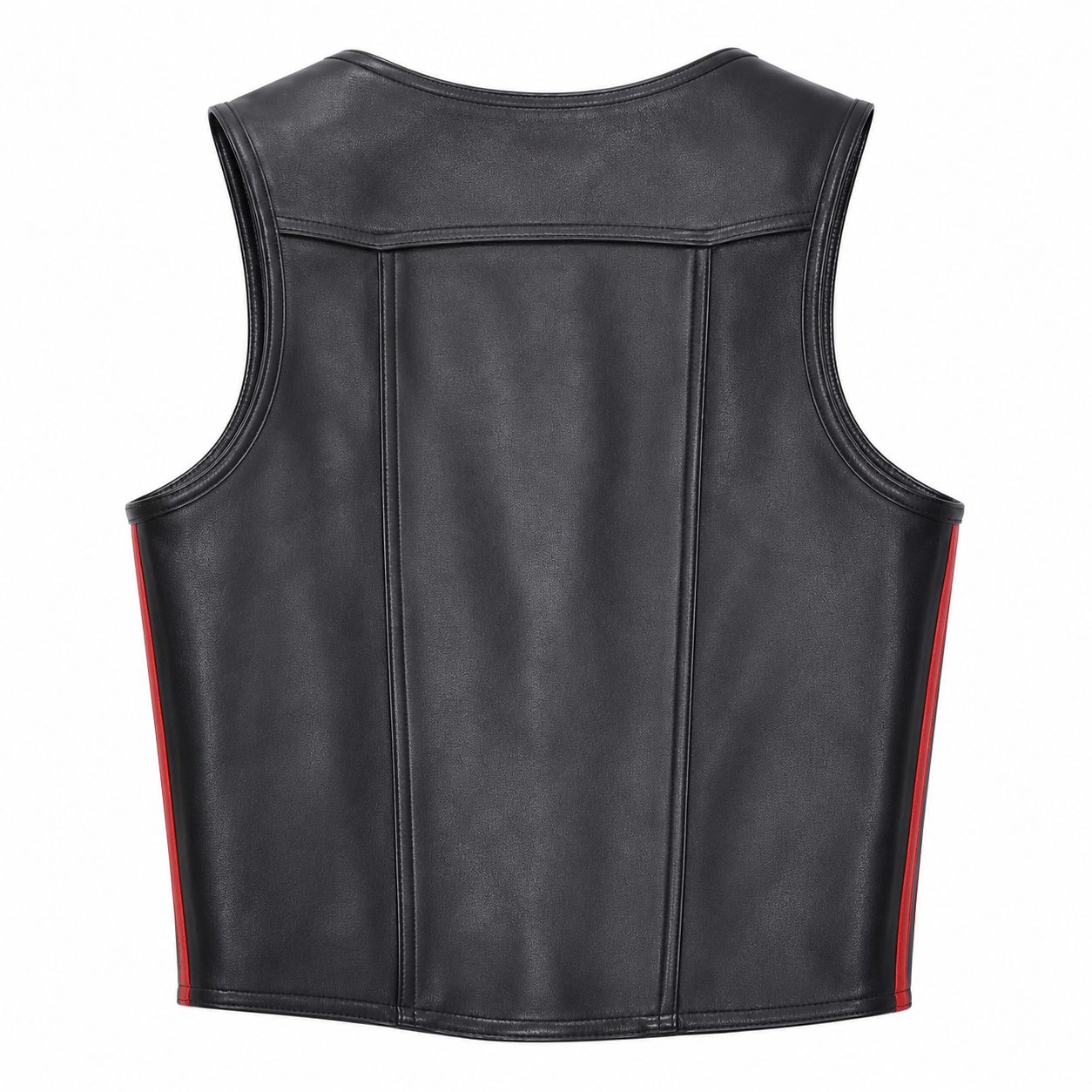 "Back view of black leather cropped vest showing center seam and red side stripe"