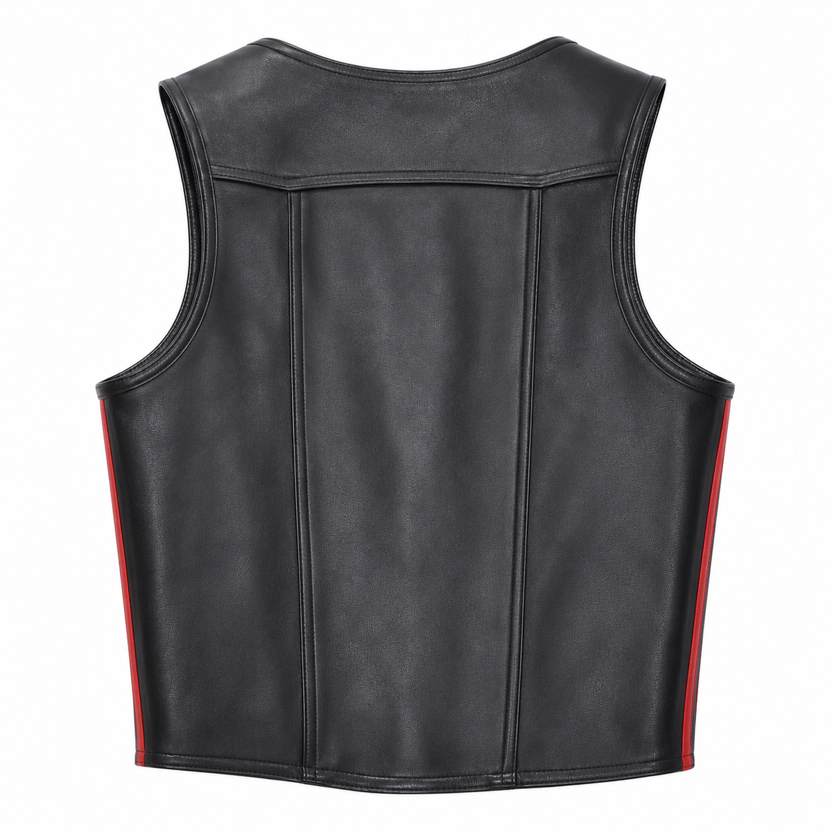 "Back view of black leather cropped vest showing center seam and red side stripe"