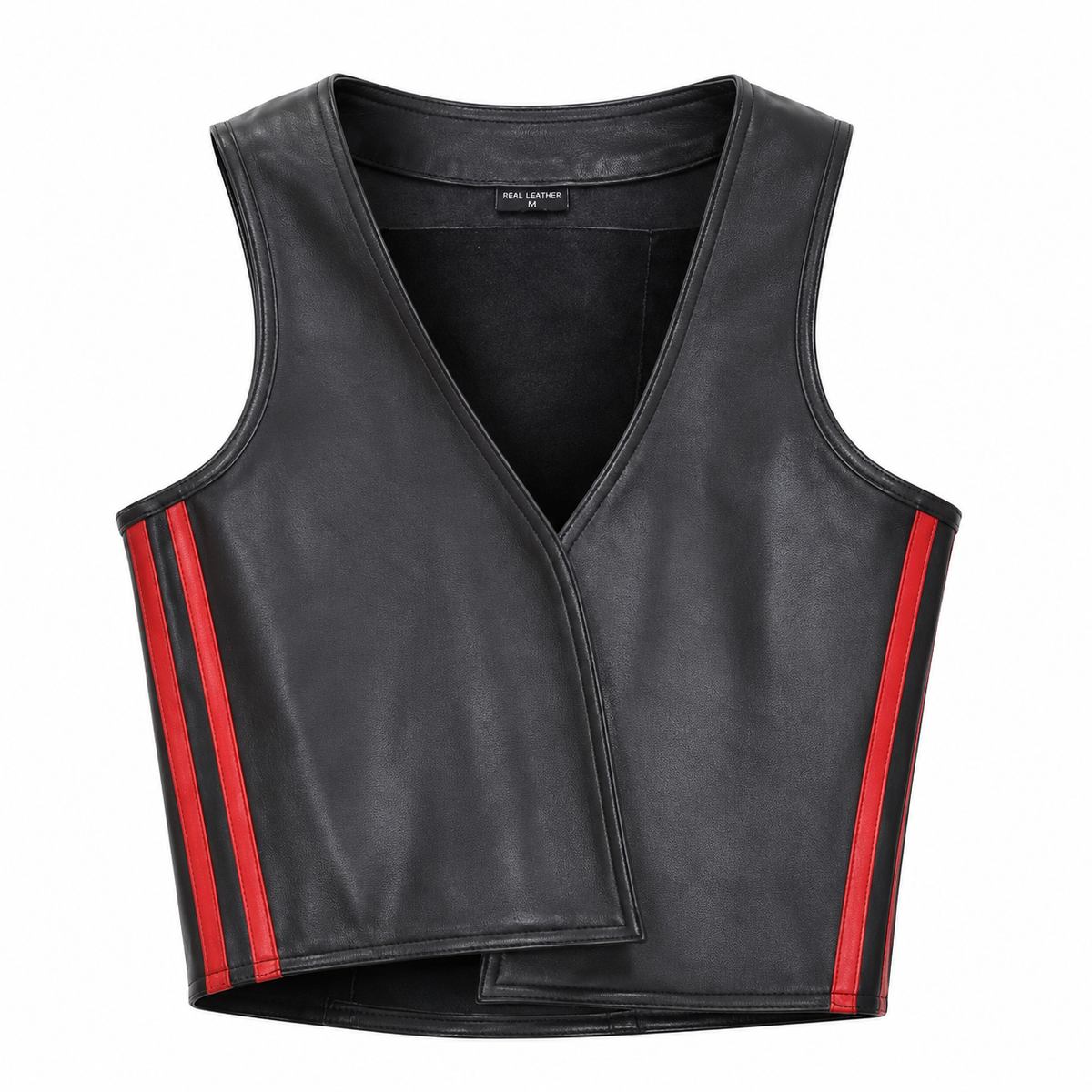 "Black leather cropped vest with red racing stripes, front view on white background"