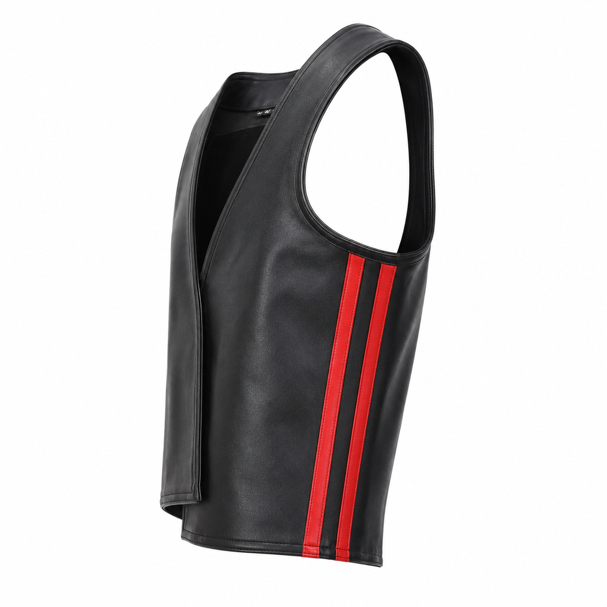 "Side profile view of black leather cropped vest showing asymmetric hem and red stripe"