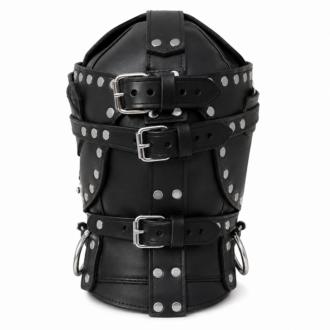 Back view of black leather hood mask showing adjustable buckle strap closures