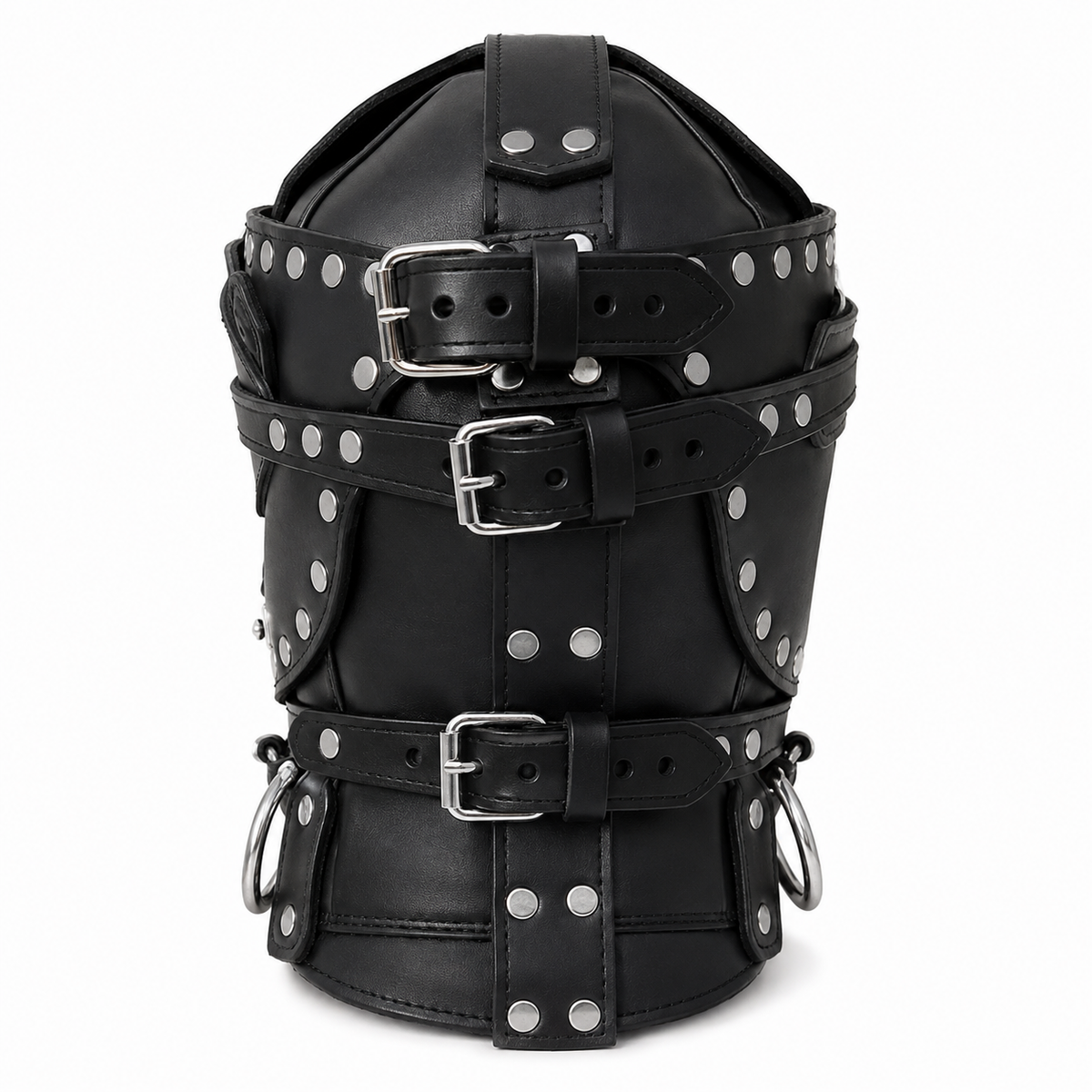 Back view of black leather hood mask showing adjustable buckle strap closures