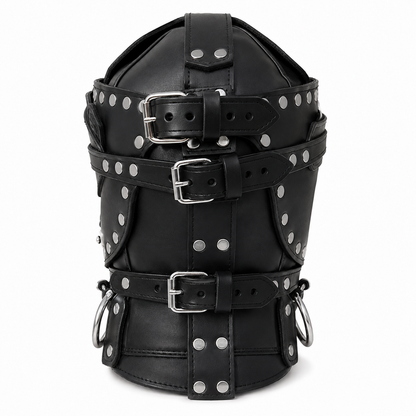 Back view of black leather hood mask showing adjustable buckle strap closures