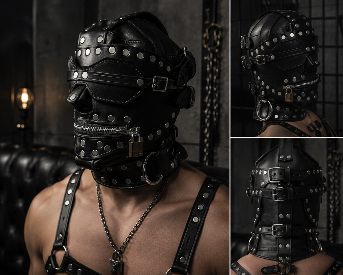 Person wearing black studded leather bondage hood in moody editorial lighting