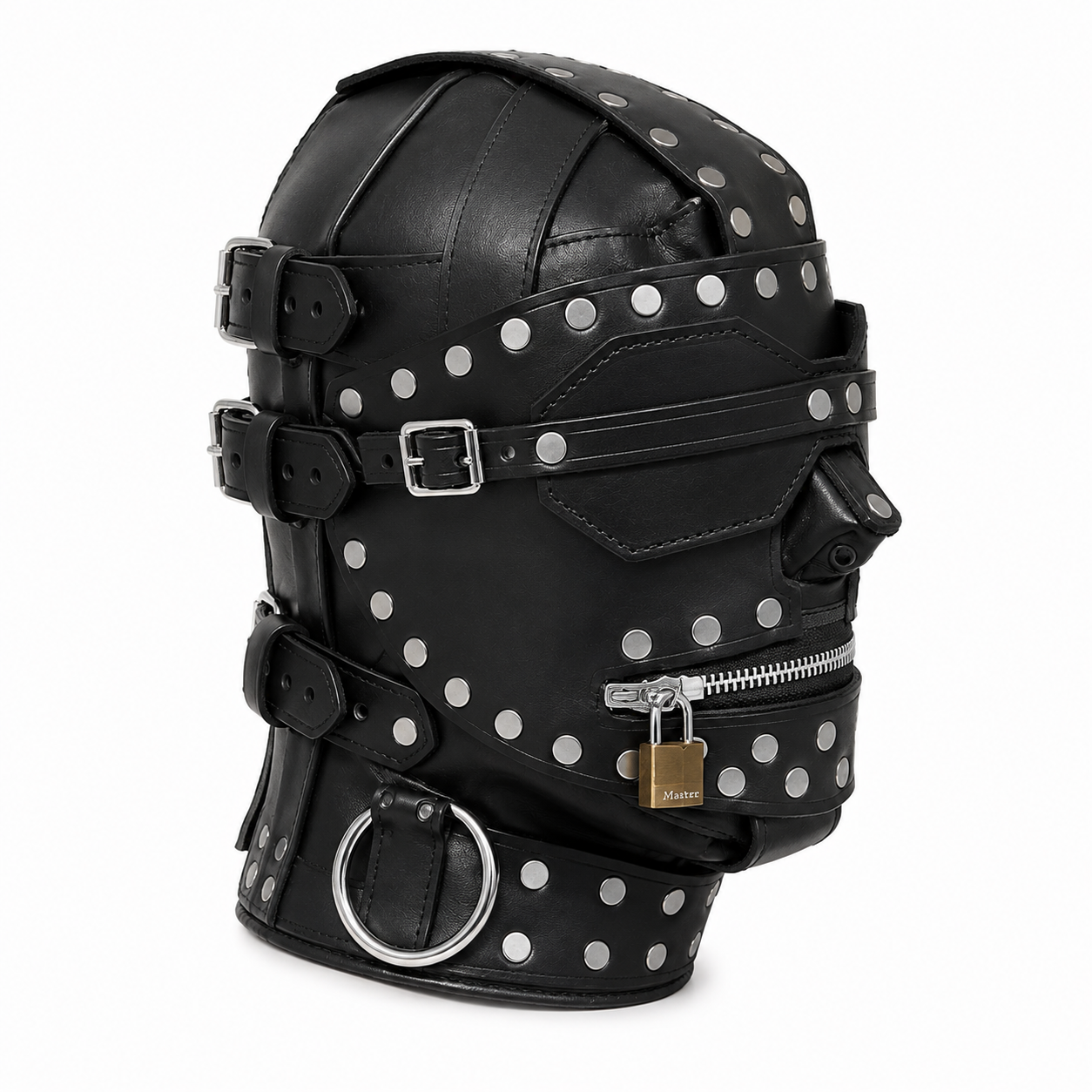 : Side profile of black studded leather hood mask showing buckle straps and D-ring