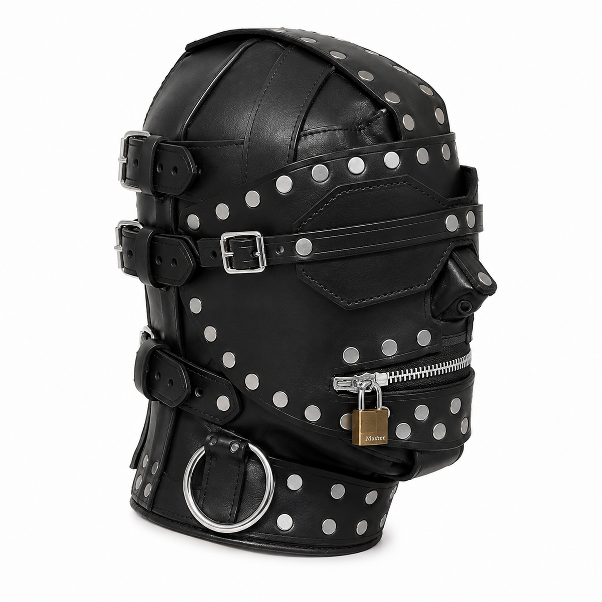 : Side profile of black studded leather hood mask showing buckle straps and D-ring