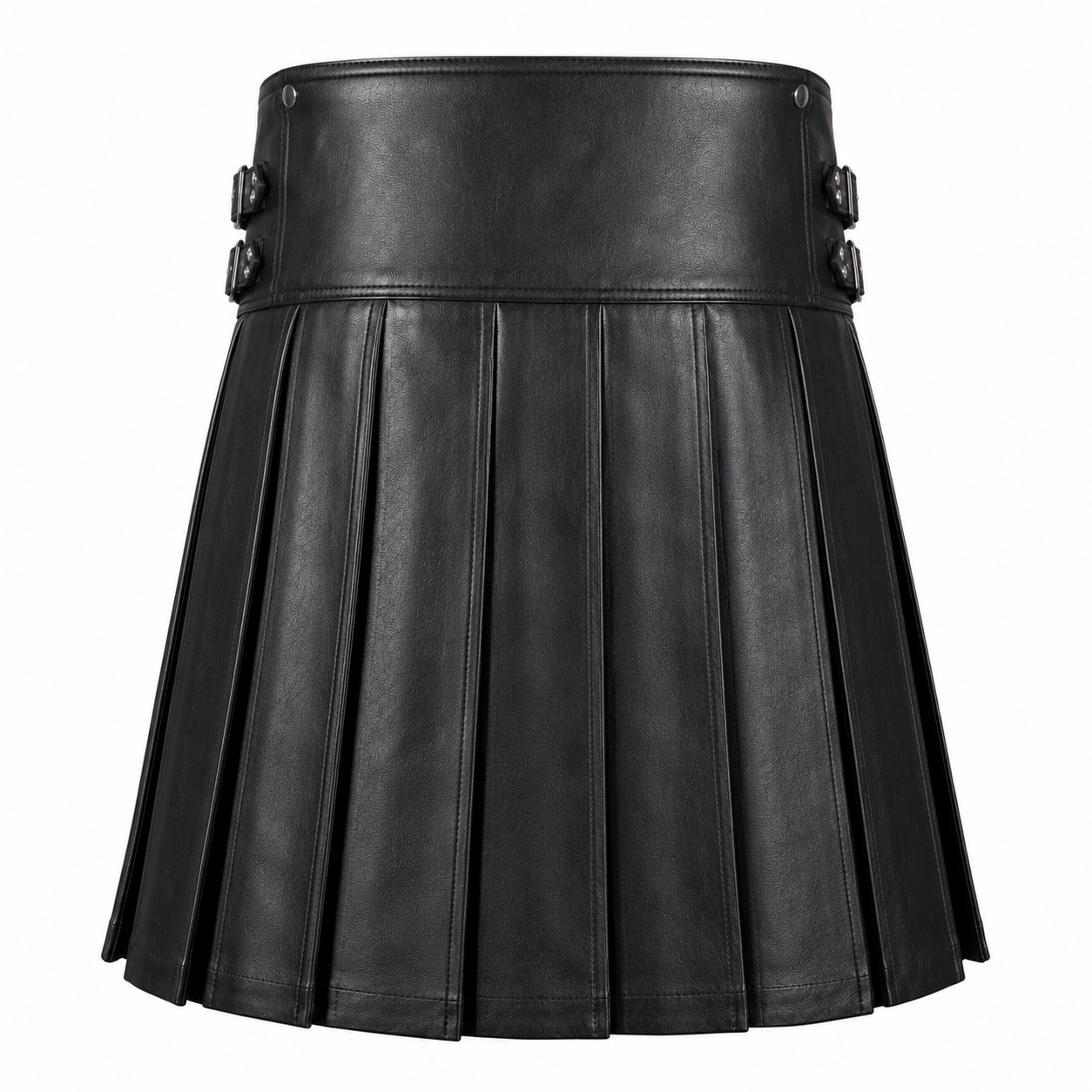 Back view of black leather pleated kilt showing pleat detail