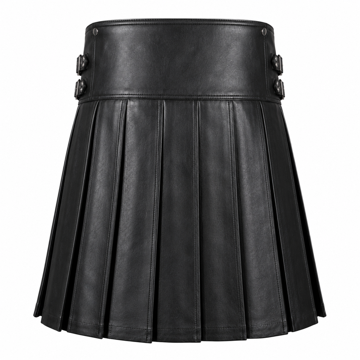 Back view of black leather pleated kilt showing pleat detail