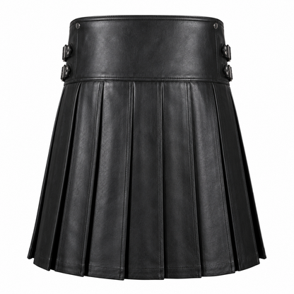 Back view of black leather pleated kilt showing pleat detail