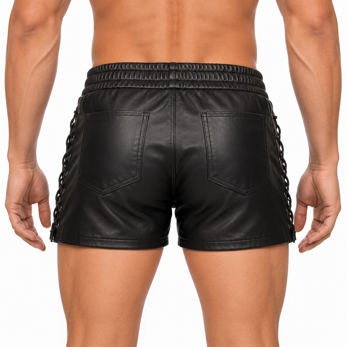 Black leather shorts back view showing side chain-lace detailing